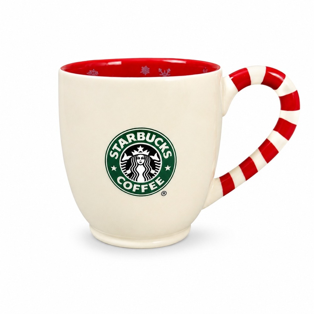Starbucks‎ 2010 Holiday Candy Cane Handle Mug Snowflake Bone China Retired